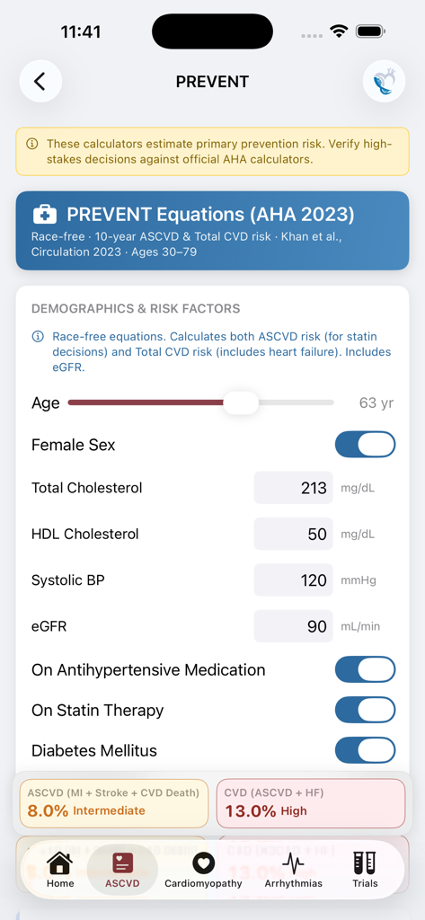 CardioGenetics - AHA PREVENT risk calculator interface within the CardioGenetics app
