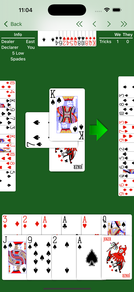 Mobile gameplay screen of Bid Whist Expert AI showing a card trick on a green table with player hands and score information