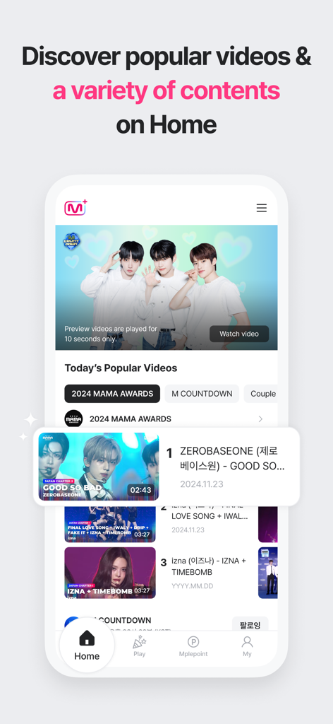 Mnet Plus app home screen displaying popular K-POP videos and award show content