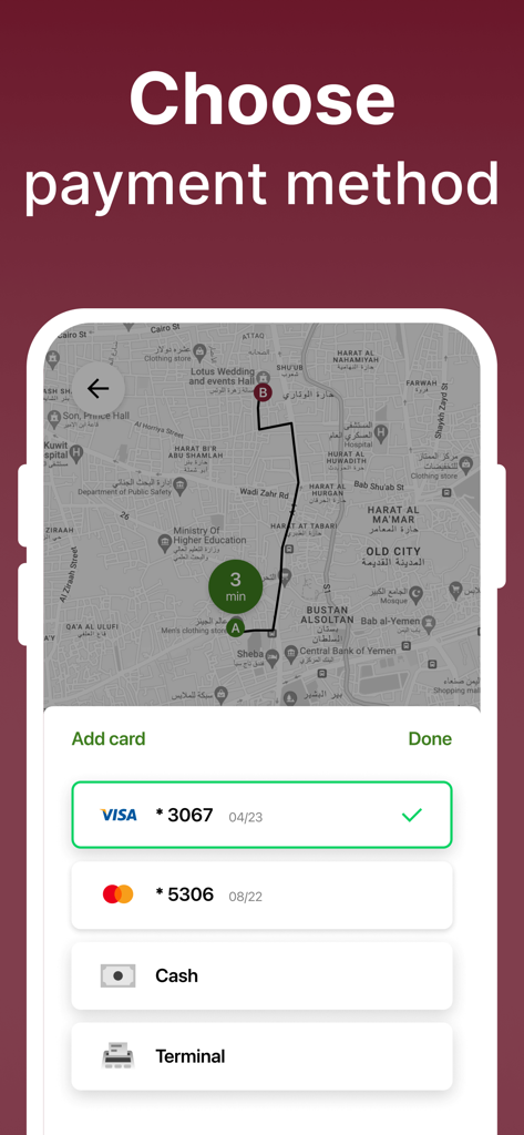 Smart Rahal Sanaa Cab app interface showing payment options including Visa Mastercard and Cash with a route map in the background