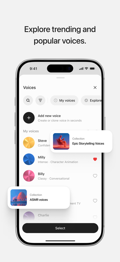 인기 AI 음성 및 특수 음성 컬렉션 목록을 표시하는 ElevenLabs 모바일 앱 화면.