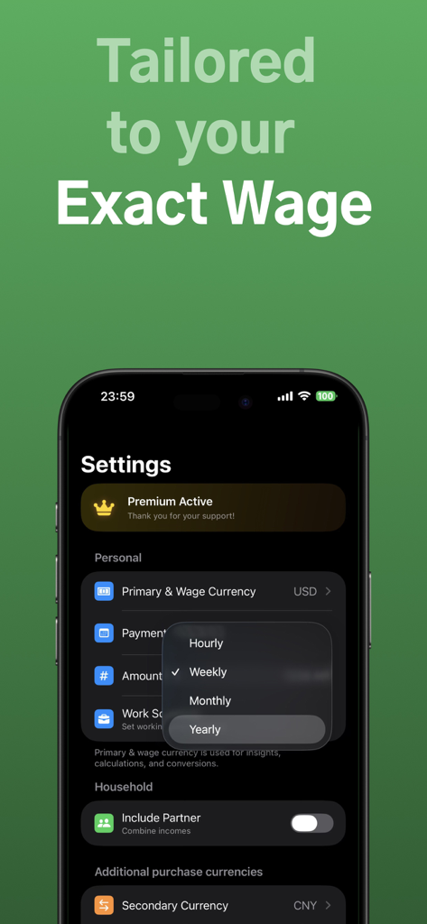 Timecostify: Cost in Time - Écran des paramètres de l'application Timecostify montrant les options pour définir le salaire personnel par heure, semaine, mois ou année