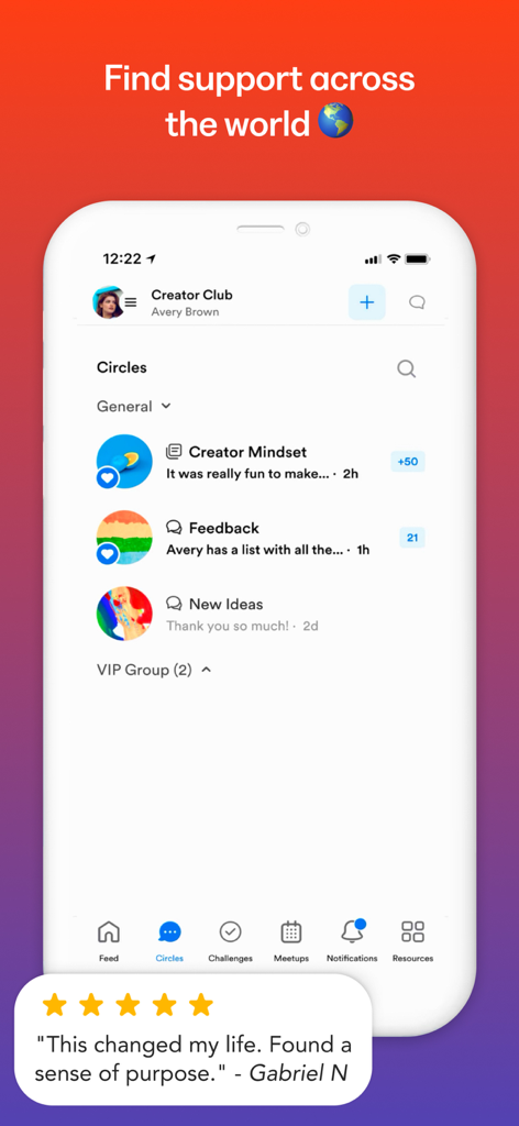 Kajabi Communities app interface showing discussion circles and user testimonial