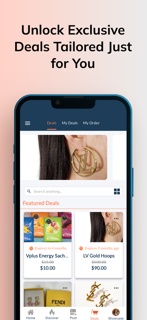 Yapit - Yapit App-Bildschirm, der exklusive Angebote für Luxusmode und Wellnessprodukte mit einer Suchleiste und einem Navigationsmenü zeigt