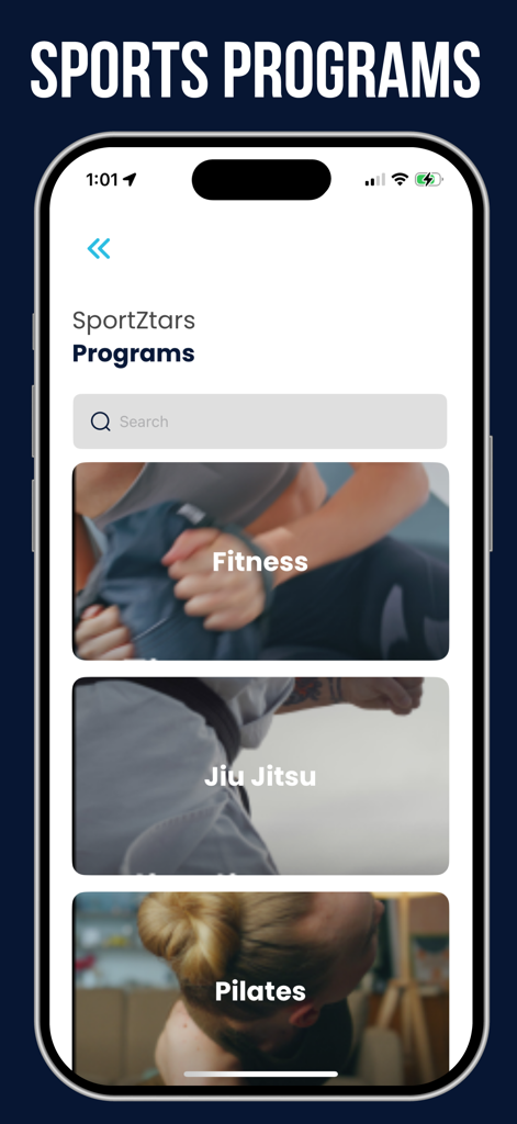 SportZtars:Body Transformation - The SportZtars app interface displaying various training categories including Fitness, Jiu Jitsu, and Pilates.