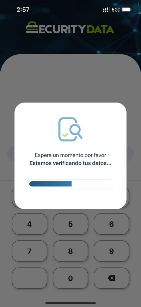 Pantalla de verificación de la aplicación Security Data con una barra de progreso y texto en español diciendo Estamos verificando tus datos