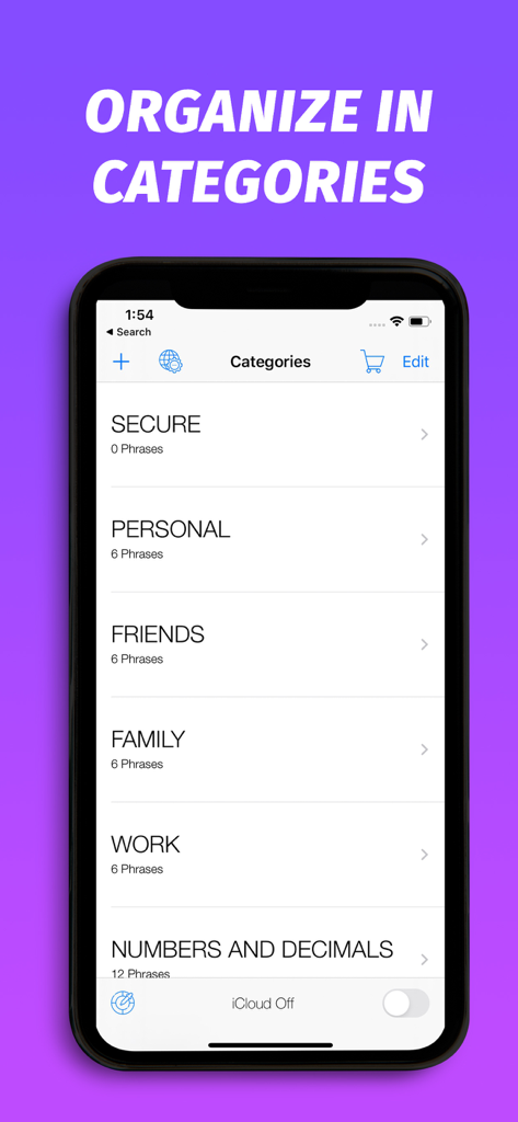 Phraseboard Keyboard - Screenshot of Phraseboard Keyboard showing message categories like Secure Personal Friends and Work