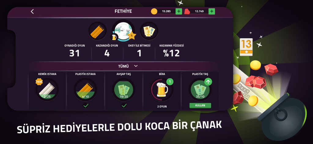 Okey Canlı app screen showing a player profile with game statistics, custom tile racks, and a pot overflowing with reward gems and coins.