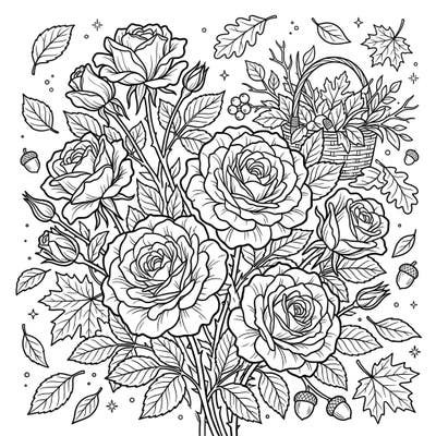 Celebrate the enchanting beauty of autumn with this exquisite Grandiflora roses coloring page. This design beautifully combines the elegance of large, clustered rose blooms with charming fall elements like scattered leaves and acorns.