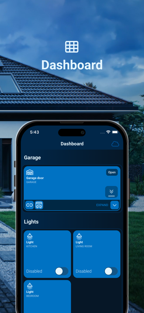 Sinum - Painel do aplicativo móvel de casa inteligente Sinum mostrando controles de garagem e iluminação
