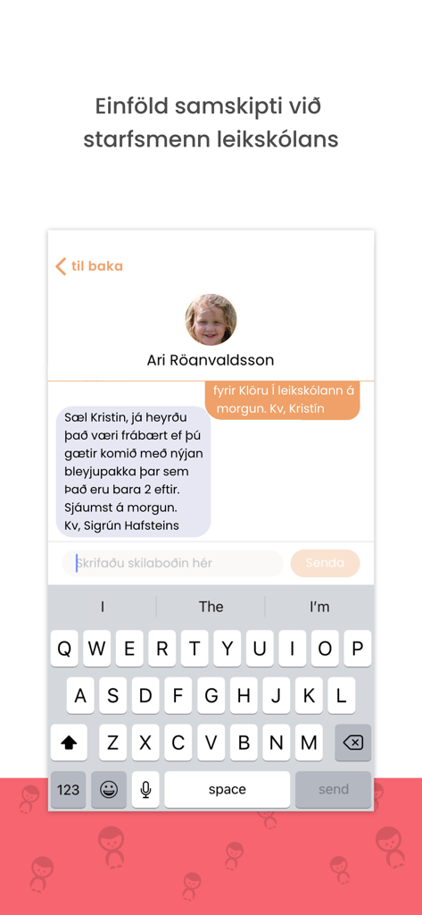 Karellen - Interface do aplicativo Karellen mostrando um chat entre um pai e um professor de pré-escola sobre uma criança.