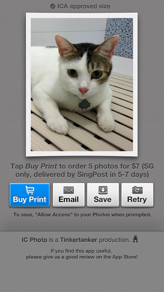 IC Photo Singapore - A screenshot of the IC Photo Singapore app showing a photo review screen with buttons to buy prints, email, or save the digital ID photo.