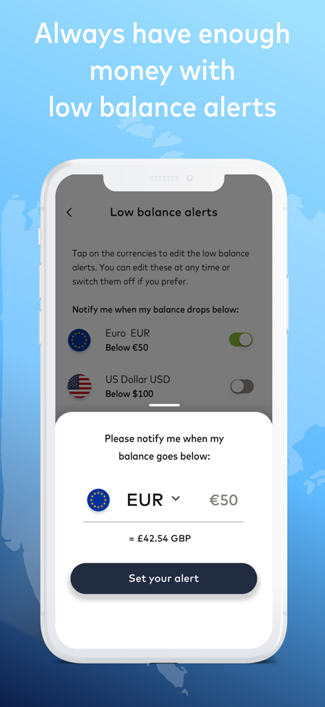 Cash Passport app interface for setting low balance notifications in different currencies.