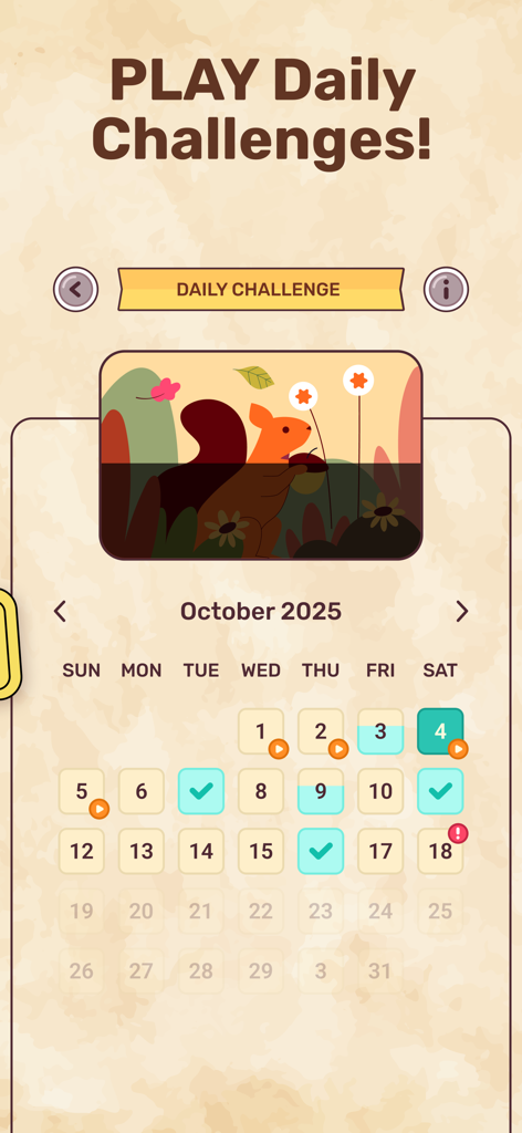 Daily challenge calendar for the Connect Word Association Game featuring a squirrel illustration and progress tracking