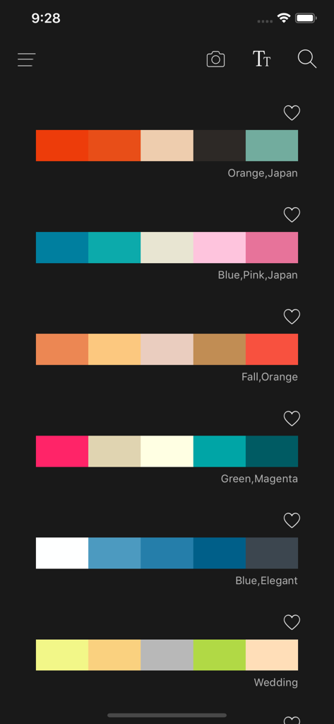 无限色卡-配色无忧 - Themed professional color palettes displayed in a dark mode mobile interface