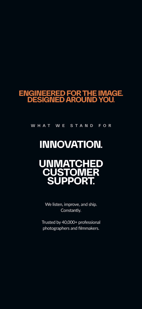 Pearla - Pro Filmic Camera - Pearlaアプリのブランドミッションステートメント。プロの映画製作者や写真家向けのイノベーションと顧客サポートを強調しています。