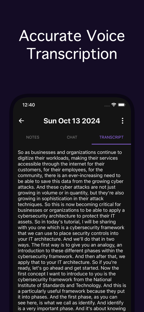 Notegpt - Note Taking AI - A smartphone screen displaying the accurate AI voice transcription feature of the Notegpt app.