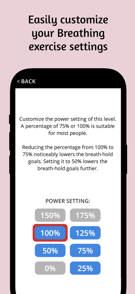 Buteyko Pro - Interface of the Buteyko Pro app showing options to customize breathing exercise power settings with different percentage levels.