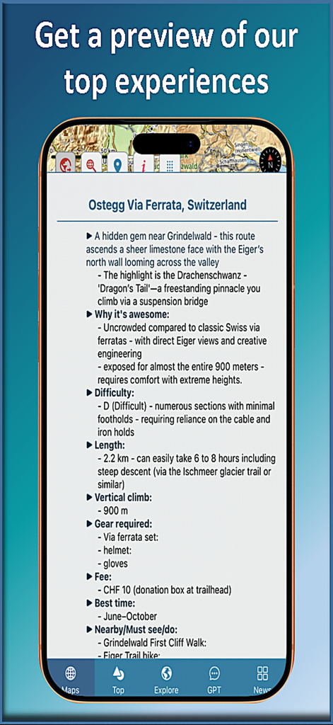 Trail Explorer - Smartphone screen showing trail details like difficulty and gear requirements in the Trail Explorer app