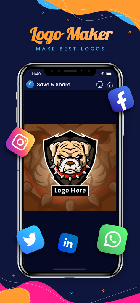 Bildschirm der Gaming Logo Maker App, der ein Bulldoggen-Maskottchen-Logo und Optionen zum Teilen in sozialen Medien anzeigt.
