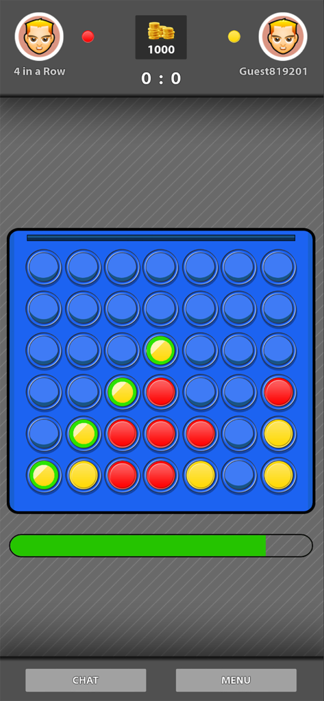 Interfaz del juego Conecta Cuatro Online que muestra un tablero azul con piezas rojas y amarillas en progreso