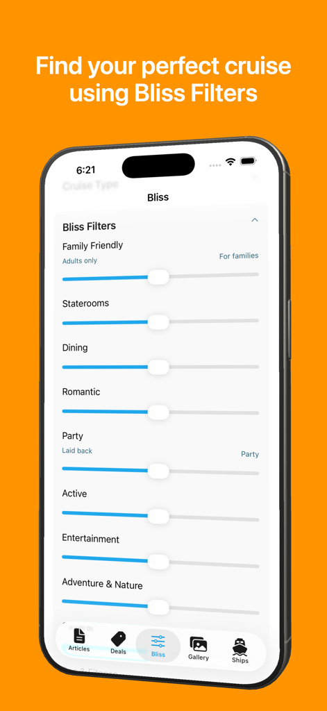 Cruiseable: Cruise Ship Finder - スマートフォン画面に、ダイニングやアドベンチャーなどのパーソナライズされたクルーズの好みに合わせたスライダーを備えたクルーズブルアプリの至福フィルターが表示されています。
