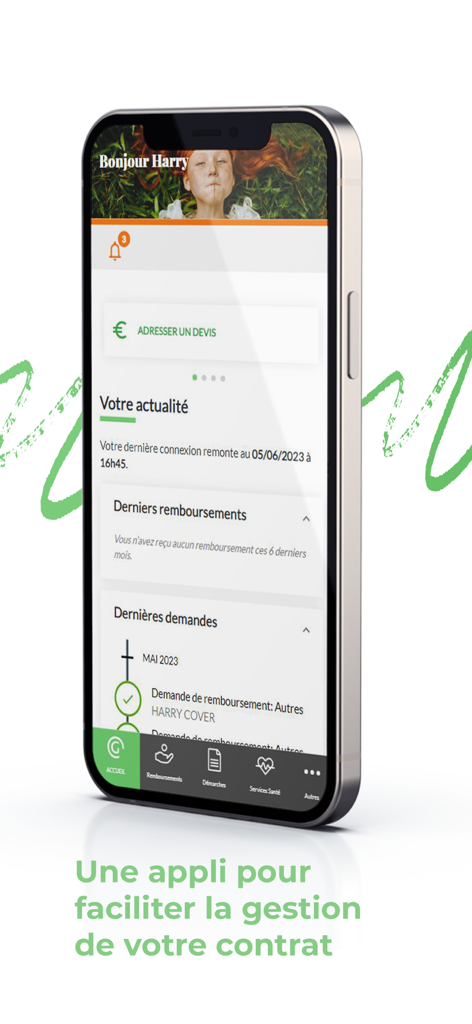 Generation Espace assuré mobile app home screen showing healthcare reimbursement status and claim history