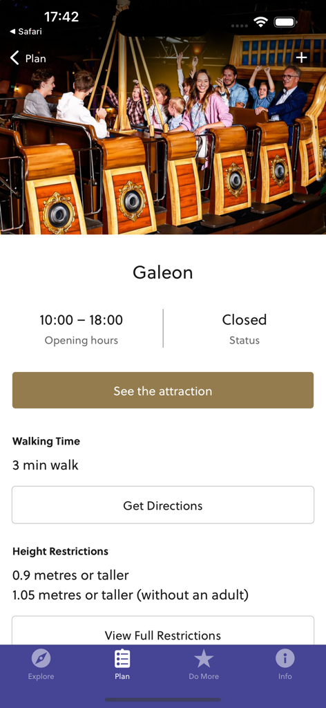 Mandoria - Mandoria app screenshot showing Galeon attraction details including opening hours and height restrictions