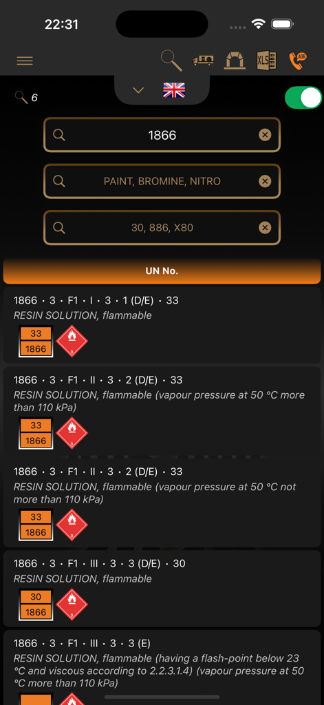 ADR Tool 2025 Dangerous Goods - ADR Tool 2025 app search interface displaying UN 1866 resin solution classification details