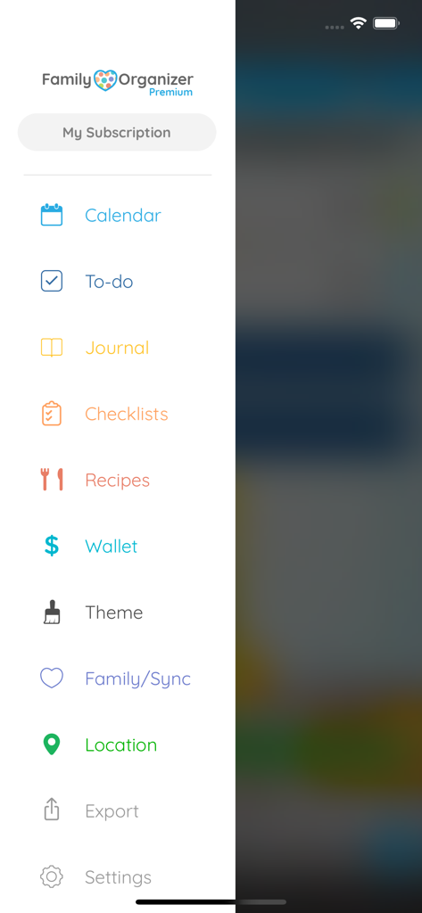 Side navigation menu showing features for calendar to do list recipes wallet and location tracking