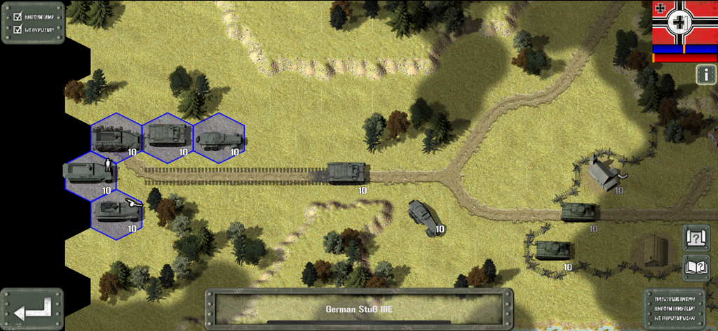 Vista dall'alto del combattimento tattico tra carri armati su esagoni con unità tedesche su una mappa erbosa in Tank Battle East Front