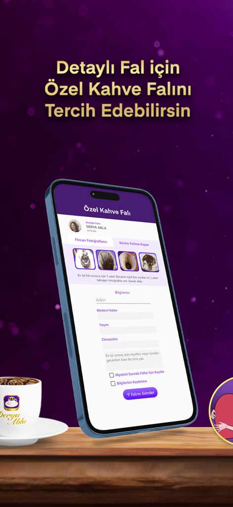 Derya Abla Kahve Falı - Uno smartphone che mostra la schermata di invio per letture speciali di divinazione del caffè con opzioni di caricamento foto e un modulo di informazioni personali