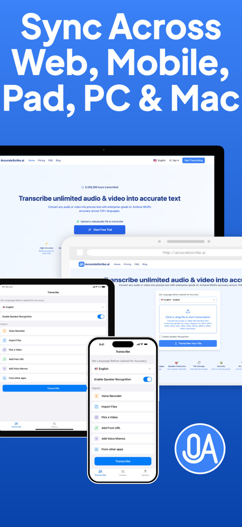 Transcribe AI Voice Note Taker - Interfaz de la aplicación Transcribe AI mostrada en un smartphone, tableta y portátil, destacando la sincronización multiplataforma en dispositivos web, móviles y de escritorio.