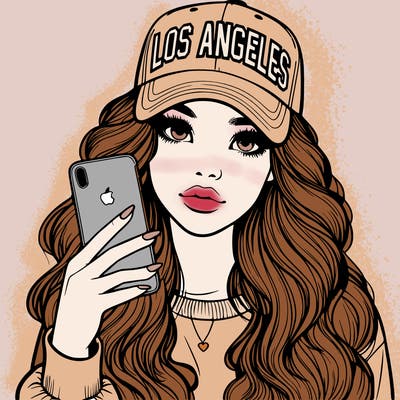 realistic beautiful girl wearing los ángeles cap holding an iphone