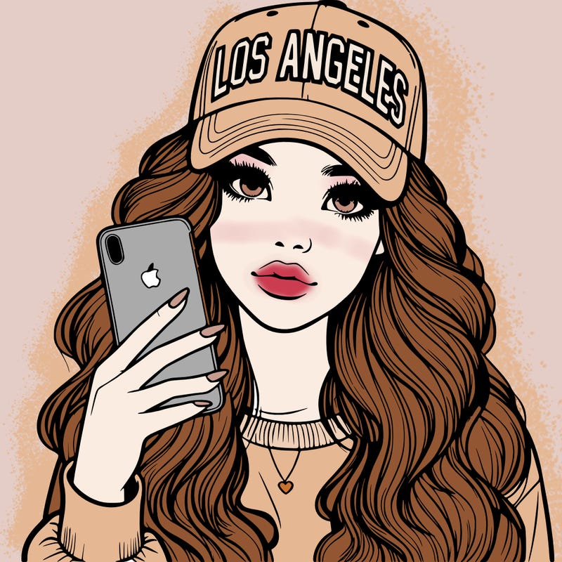 realistic beautiful girl wearing los ángeles cap holding an iphone