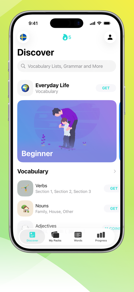 Uno screenshot dell'app Impara lo svedese con LENGO che mostra la scheda Scopri con varie categorie di vocabolario e lezioni svedesi