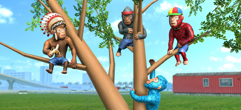The Gorilla Survival Tag Game - Four stylized monkey characters with different skins and outfits climbing a tree in a city environment