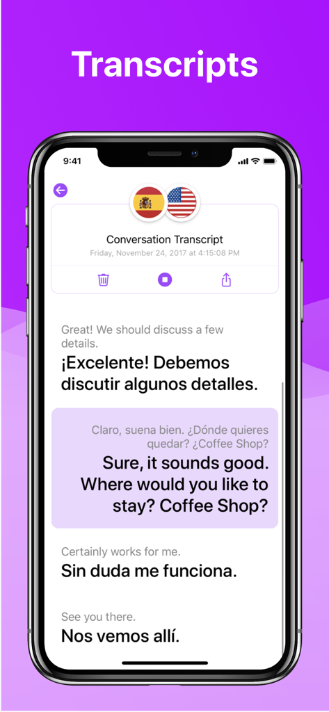 Interfaz de la aplicación iTranslate Voice mostrando una transcripción de conversación entre hablantes de inglés y español