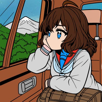 anime girl sighing with elbow on window sill on the back seat of the car looking outside the window of the car