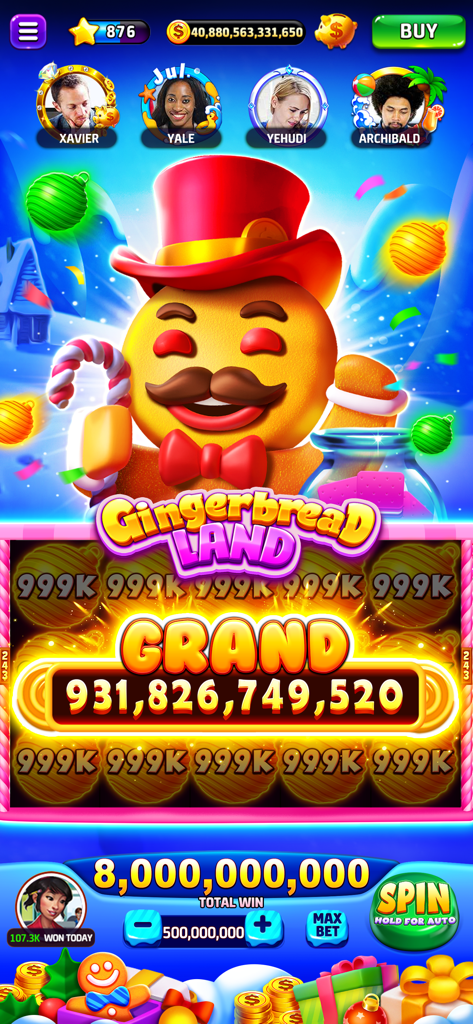 Una máquina tragamonedas temática de pan de jengibre en Cash Club Casino mostrando una enorme victoria de jackpot principal.