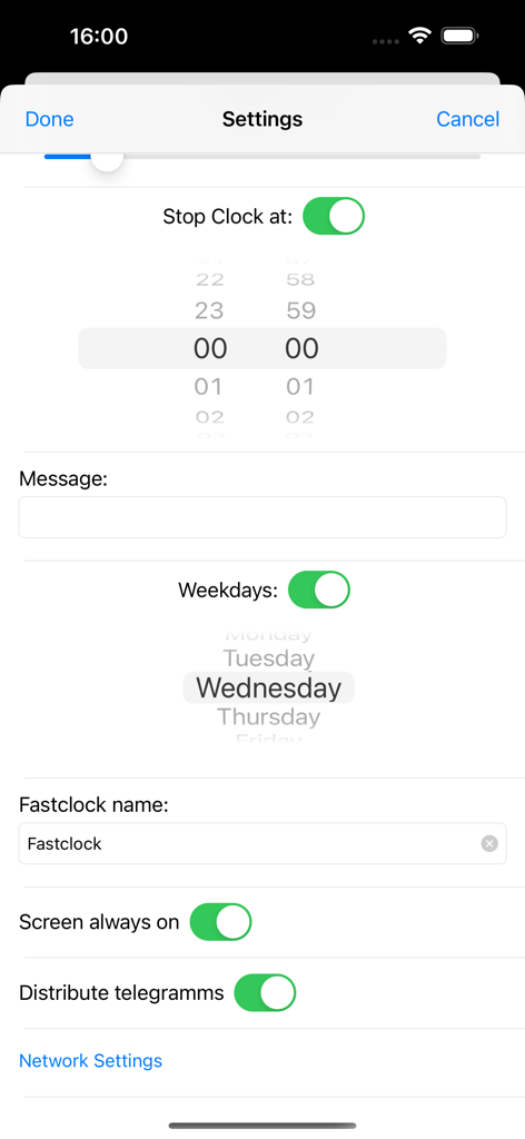 Settings screen of the Fastclock app for model railroad operations showing clock synchronization and network distribution options.