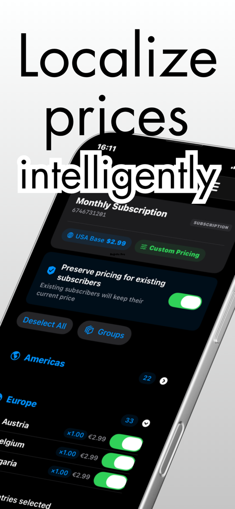 PriceKit app interface for localizing subscription prices intelligently with options to preserve existing pricing and manage global regions.
