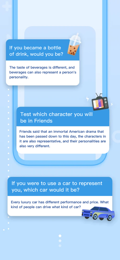 personality quiz cards for drink types tv show characters and car representations