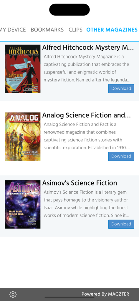 Ellery Queen Mystery Magazine - The Other Magazines section in the app showing related mystery and science fiction publications like Alfred Hitchcock and Asimovs