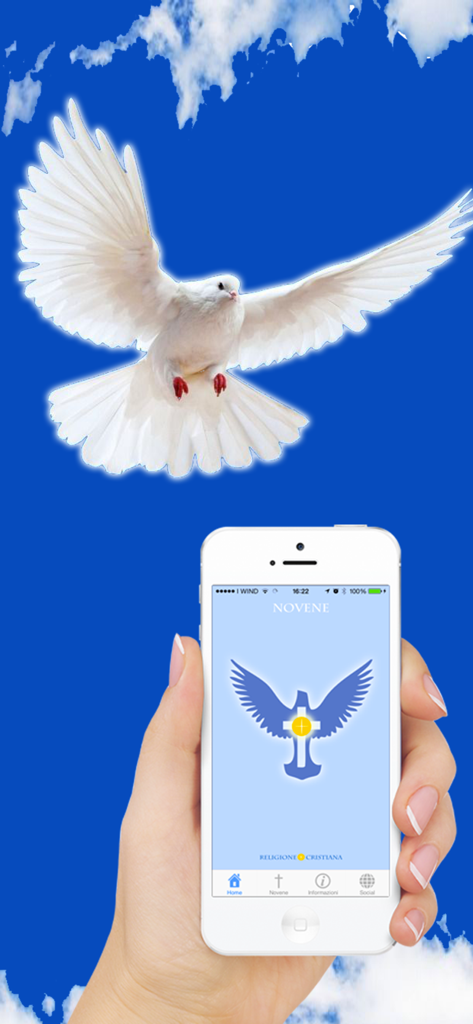 Novene - Uma mão segurando um iPhone exibindo a tela inicial do aplicativo de oração católico Novene com uma pomba branca e céu azul ao fundo