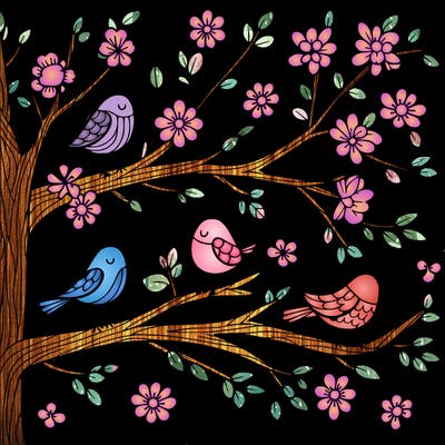 tree branches with birds and flowers