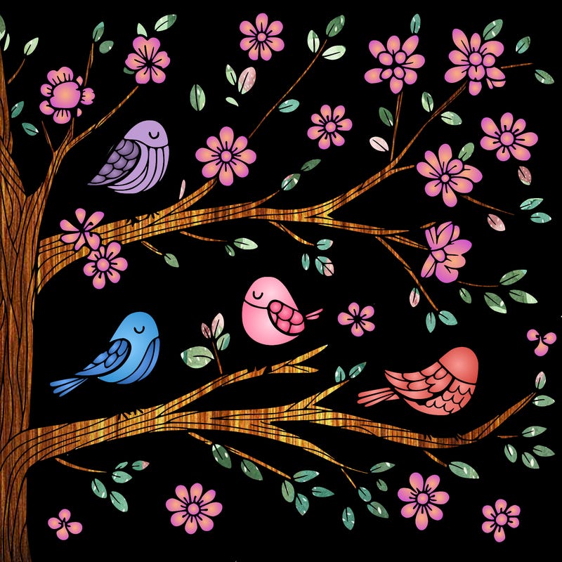 tree branches with birds and flowers