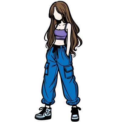girl in baggy pants crop top and long hair