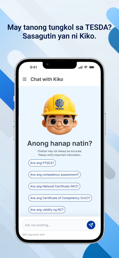 TESDA Skills Passport - Interface of the Professor K AI chatbot within the TESDA Skills Passport app showing a chat mascot and quick-reply questions about certifications.