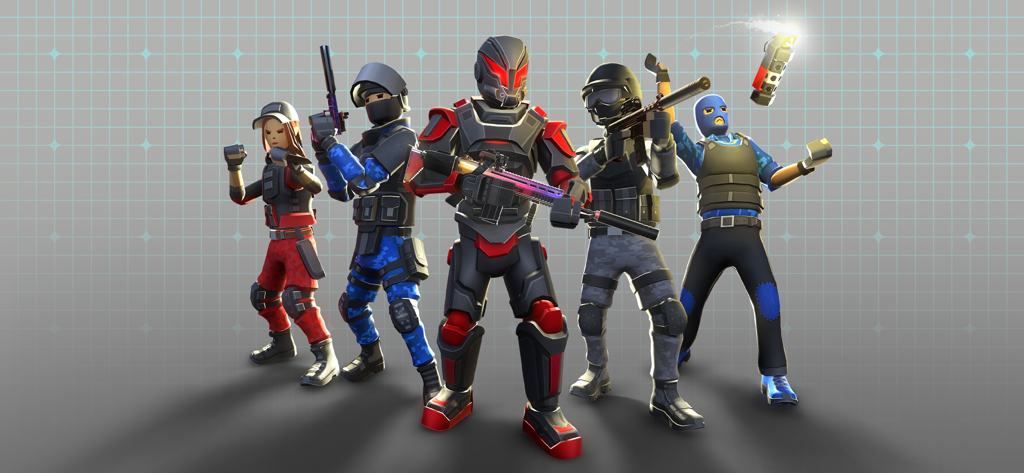 POLYWAR: 3D FPS online shooter - Five low-poly military characters from the POLYWAR mobile game standing in combat poses